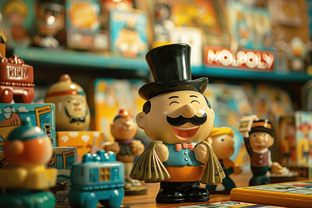 Mister Monopoly : peinture et figurine du célèbre personnage avec chapeau et argent